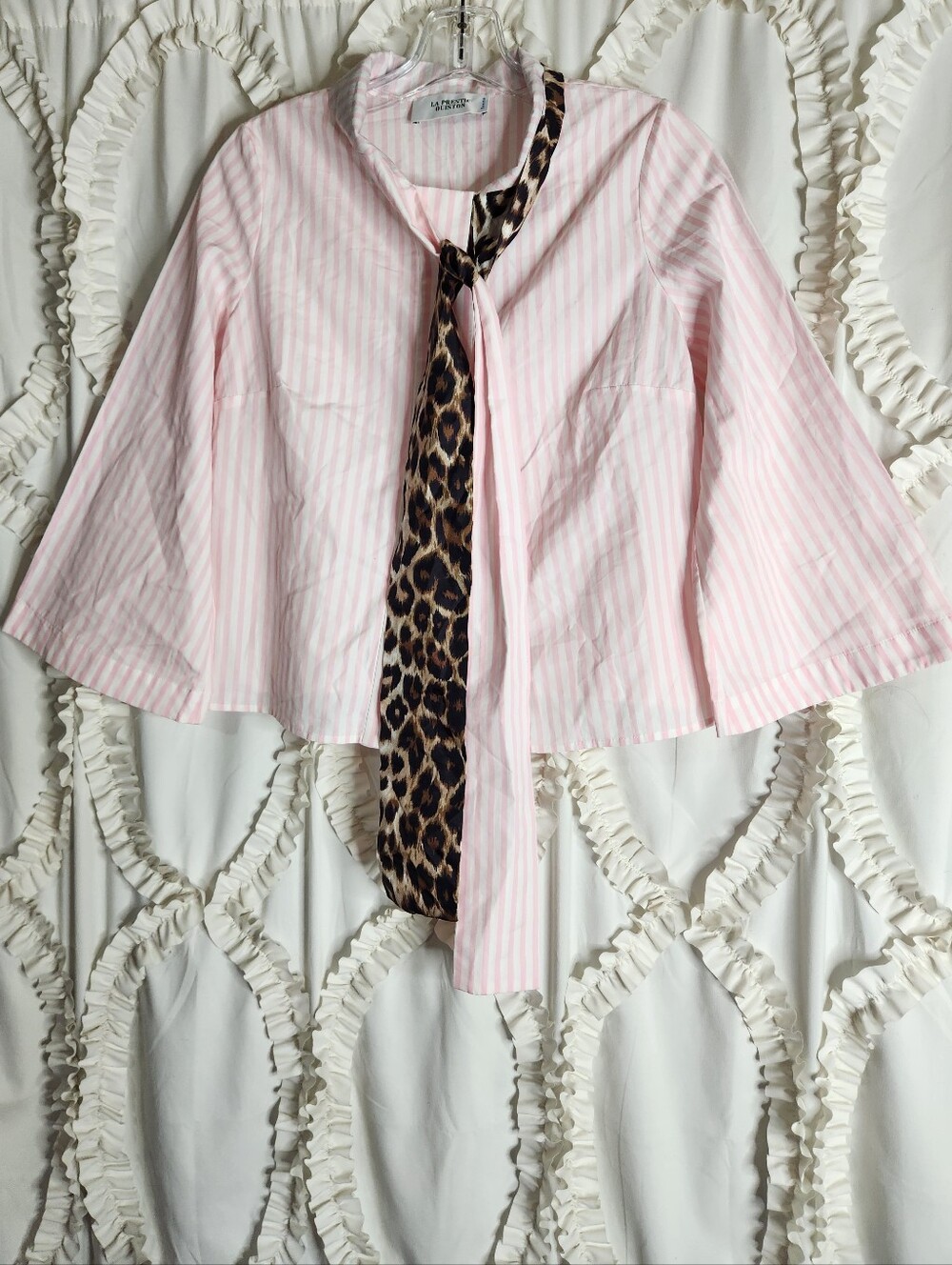La Prestic Ouiston Pink Striped Leopard Bow Tie Blouse Sz 1 US Small